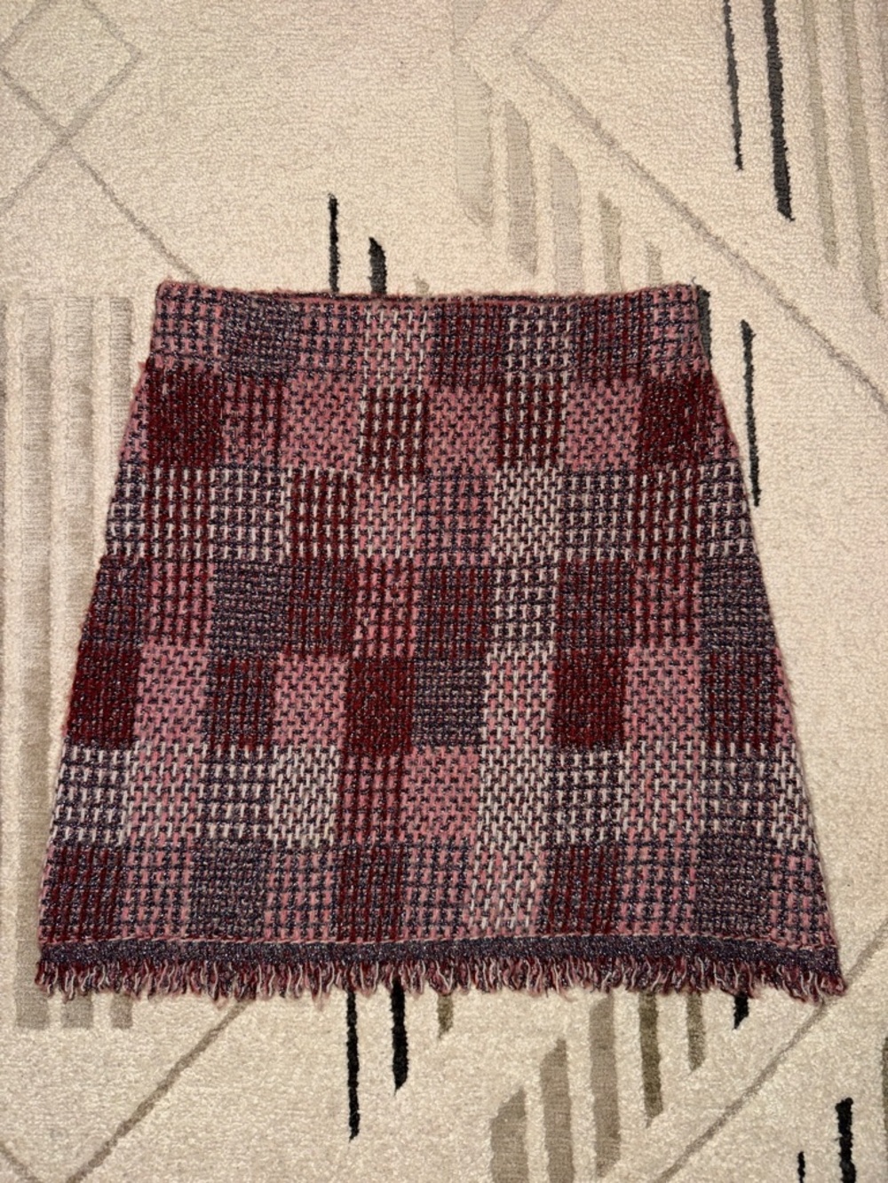 Zara Pink & Burgundy Plaid Tweed Mini Skirt